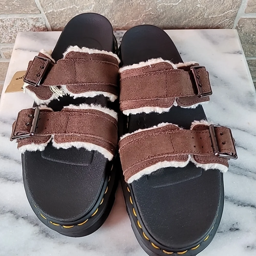 Dr. Martens Myles Fur Lined Buckle Slide Sandals Dark Brown Suede Men’s 9